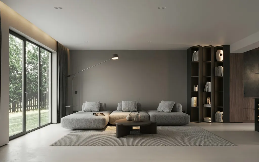 Modern living room furniture in a bright apartment, illustrating furniture and home setup rental types